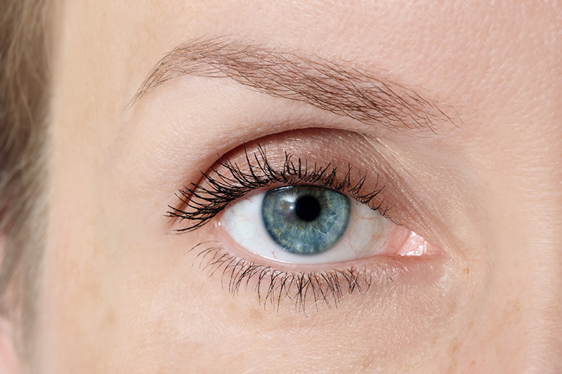 Macro shot of blue woman's eye with clear makeup