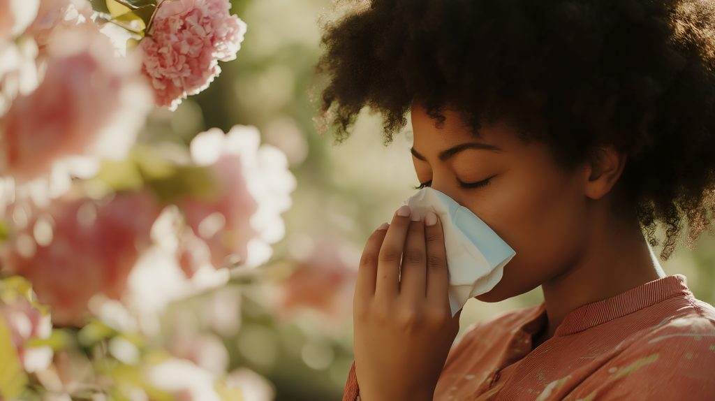 Woman experiencing seasonal eye allergies sneezing near blooming flowers outdoors, symbolizing common springtime allergy triggers.